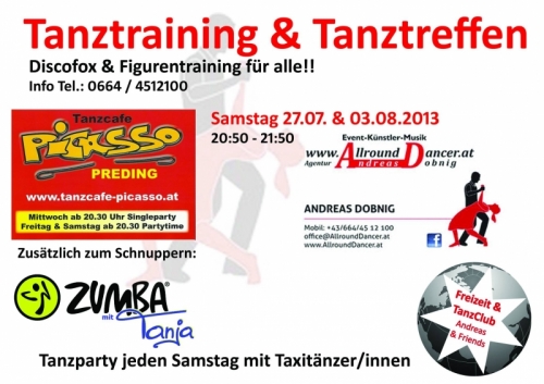 Tanzcafe Picasso mit Tanztraining am Sa 3.8.  mit Zumba mit Tanja und jeden Sa Tanzparty
